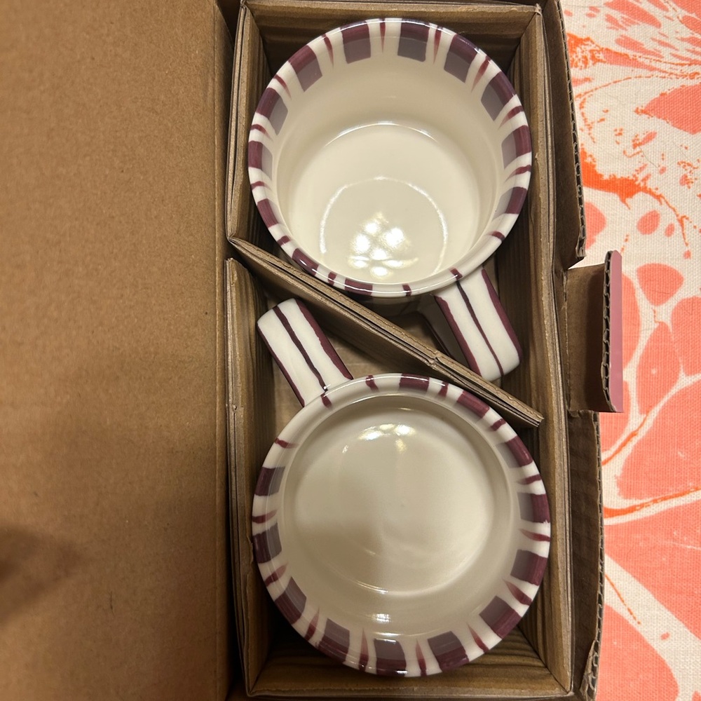 Ceramic Cream and Burgundy Striped Coffee or Small Soup Mugs - Set of 2